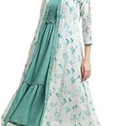 Teal-Blue & White Floral Printed Empire Ethnic Dress with Shrug - Round Neck, Three-Quarter Sleeves, and Flared Hem-picture-13