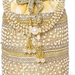 Cream Cylinder Potli Bag with Beads Handle for Women Girls Stylish Bag Ethnic Wristlet Bride Purse with Drawstring-image-85