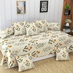 Castiqa Microfibre Unique Patterns Diwan Covers Set of 8 Pieces - Bedsheet 60" x 90", 2 Bolsters - 16" x 32" and 5 Cushion Covers - 16" x 16" (Plants Design)-image-70