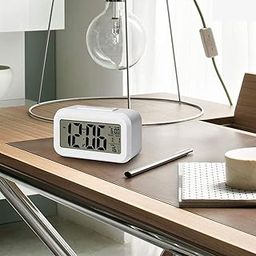 BUYERZONE WITH BZ LOGO Digital Smart Alarm Clock Table Desk Clock for Student Kids Bedroom Home Office Heavy Sleepers with Automatic Sensor Date & Temperature, Backlight LCD Display (White Clock)-18