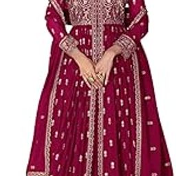 Women's Pink Faux Georgette Stitched Top With Stitched Bottom and Dupatta Full Sleeve Embroidered Anarkali Top (ME-1148-Pink-M)-picture-38