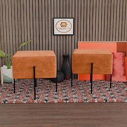 WOODREAM Pouffes Sitting Stool for Living Room, Mudda Puffy Wooden Ottoman Stools, Kitchen Pouffe Footstool for Home Decoration & Dressing Table, 17x17 Inch, Square (Orange, Set of 2)-14