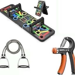 BANTKART 3-in-1 Push Up Board, Foldable Push Up Bar System, Adjustable Hand Grip Strengthener, Double Band Toning Tube for Home & Gym Exercise, Multicolor-30