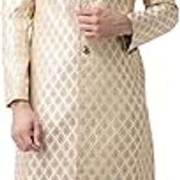 Men's Indo-Western Sherwani, Cream Silk Blend, Jacquard Regular Fit Long Sleeves Mandarin Collar-13