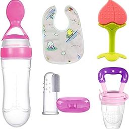 Roforuf Silicone Baby Food Dispensing Spoon Bottle 90ML 1pc, Fruit Feeder/Nibbler/Pacifier 1pc, Fruit Shape Teether 1pc, Finger Tooth Brush 1pc and Baby bib 1pc (Pack of 5 Pink)-image-52