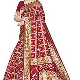 Women's Cotton Silk Blend Golden Zari Woven Bandhani Bandhej Banarasi Saree With Blouse Piece-image-105
