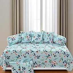 JBTC Embroidery/Quilted Diwan Set, 8 Pieces with 1 Single bedsheet,2 Embroidery Bolster Covers,5 Embroidery Cushion Covers/Embroidered Design diwan Set/Embroidery Set of 1+2+5 (Sky Bail)-image-0