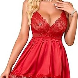 Women's Lace Lingerie Babydoll Dress – Sheer Mesh Sleepwear Nightwear with Adjustable Straps & Floral Lace Design –Nightdress for Honeymoon with Eye Mask-image-1