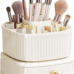 MAYCREATE® Makeup Organizer Box Stand, 360° Rotating Makeup Brush Holder with Drawer, Ivory Cosmetics Display Case Skincare Storage for Vanity Desktop, Bathroom-image-61