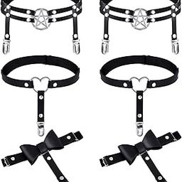 6 Pieces Adjustable Harness Garter Belt with Anti-Slip Clips, Elastic Punk Gothic Thigh Ring Garter Star-Shaped Butterfly Knot Leg Garters Heart-Shaped Leg Ring for Women Girls Black, Black, between-image-72