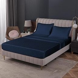 Cloth Fusion Elastic Fitted Glace Cotton Satin Striped Bedsheet King Size with 2 Pillow Covers (78X72 Inches, Navy Blue) 130TC-image-43