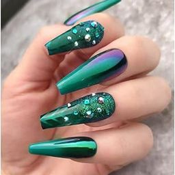 HEAVEN® 24pc Set Of Extra Long French Artificial Nails With Stone With Free Application KIt (Green Multi)-30