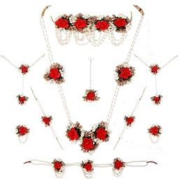 Adorable Red and Golden Colour Bridal Flower Jewellery Set for Haldi Gota Patti Necklace Earrings, Bracelet & Maang Tika for Women & Girls.-image-38