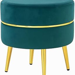 Modern Double Layer Velvet Ottoman Stool –Round Pouffe with Gold Trim & Legs | Ottoman for Living Room Bedroom & Vanity (Teal Green)-image-18