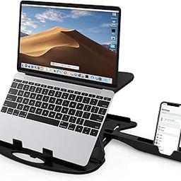 STRIFF Adjustable Laptop Tabletop Stand Patented Riser Ventilated Portable Foldable Compatible with MacBook Notebook Tablet Tray Desk Table Book with Free Phone Stand (Black)-0