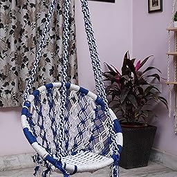 Patiofy Round Cotton Hammock Swing for Adults & Kids/Jhula Swing for Balcony, Indoor, Outdoor, Garden/Capacity Upto 150Kgs/ Includes Hanging Accessories/Handmade Hammock Hanging Swing Chair-White-Blue-image-30
