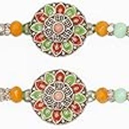 Traditional Floral Rakhi with Orange and Green Beads and Thread for Brother with Roli, Chawal and Chandan-image-28