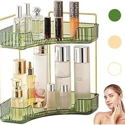2-Tier Makeup Organizer Storage Box | Vanity Tray for Cosmetics, Skincare Organizers, Stationery & Countertop Storage | Bathroom & Dressing Table Organizer, Ideal Gift for Women, Green/Gold-image-53
