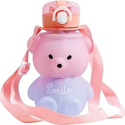 Koochie-Koo Plastic Teddy Bear Water Bottle for Kids, Push Button Open Kids Water Bottle with Straw, Sipper Bottle for Kids with Adjustable Strap and Stickers, 800ml, Pink, 3+Years (Pack of 1)-image-5