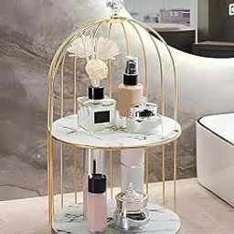 Makeup Organizer, Metal Bird Cage Shaped 2-Tier Cosmetic Storage Display Perfume Organizer Tray, Cake Stands Jewelry Skincare Display Holder (White)-image-19