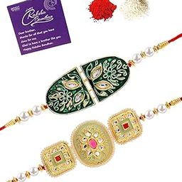 Elegant Kundan & Pearls Designer Meenakari Gold Plated Premium Rakhi for Brother With Roli Chawal & Greeting Card|Rakhi for Brother/Bhaiya/Bhai/Men|Rakhi Combo-Set of 2|CBRAK106961-image-48