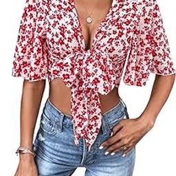 Women's Polyester Regular Fit Ditsy Floral Print Butterfly Sleeve Knot Front Crop Blouse & Top-11