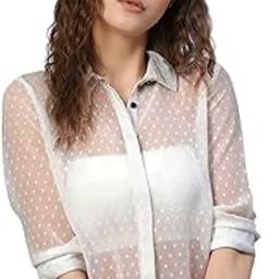 Sheer Polka Dot Button-Down Shirt, White, Long Sleeve, Collared Neck-24