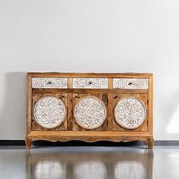 TGF Furniture Store Vintage Wooden Sideboard Cabinet with White Carved Medallions – Rustic Storage Console with 3 Drawers and Doors – Handcrafted Solid Wood Buffet for Living Room or Entryway-image-72