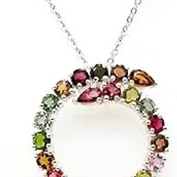Sterling Silver Multi-Gemstone Circle Pendant Necklace, Natural Tourmaline Sapphire Emerald, 925-image-38