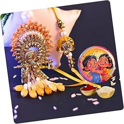 Pencil Palette Traditional Krishna Design Rakhi Set with Pearl Beads, Gold-Toned Metal, Adjustable Size for Bhaiya and Bhabhi with kumkum, rice, and fridge magnet-image-29