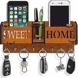 Iya Creations Sweet Home Unique Designer Wooden 2 Pocket Pen Stand 8 Hook Wood Key Holder for Home/Office/Living Room/Kitchen (28 CM x 12.5 CM x 4 CM, Brown) (Sweet Home Two Box)-picture-19
