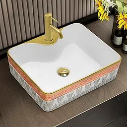 Plantex Ceramic Designer Washbasin for Bathroom/Countertop Basin/Rectangle Tabletop Wash Basin for Restaurant/Hotel (19 x 15 x 5.5 Inch-White & Gold)-picture-14