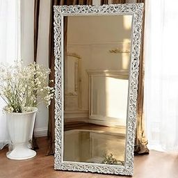 AESTHETIC DECOR , Wooden Carved_Full Length_RACTANGULAR_White Distress_Floor Standing_Mirror Frame for Bed Room, Living Room, Size 6 * 3FT Without Mirror-image-76