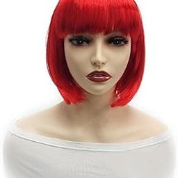 Short Bob Wig with Bangs, Bright Red, 12 Inch Length, Soft Synthetic Hair, Heat-Safe-image-65