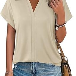 Women's Short Sleeve Tops and Blouses Business Casual Collared Tunic Shirt, Beige, Large-image-76