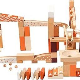 BLEQYS® Wooden Marbles Run Block Toy Solid Wood Building Blocks Set Early Learning Construction Game Marble Track Wooden Ramp Track Construction Set for Kids (60)-3