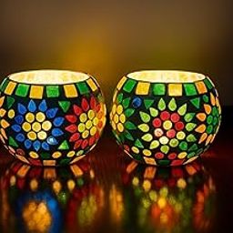 mugal art handicraft Tealight Candle Holders for Home Decor, Mosaic Glass Flowers Diwali Gift Decoration Items Living Room Christmas Item for Home Decor | Pack of 2, Multicolor-image-75