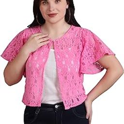 Women Knitwear Self Design Cotton Lace Round Neck Flared Sleeve Shrug | Front Open, Button Closure-79