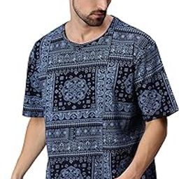 Pure Cotton Oversized Loose Baggy Fit Drop Shoulder Round Neck All Over Paisley Bandana Printed Half Sleeves T-Shirt for Men (Colors Available: White, Navy Blue & Beige)-image-93