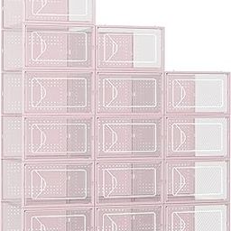 Foluck Shoe Storage Box, 15 Pack Clear Plastic Stackable Shoe Organizer for Closet, Interlocking Design Shoe Container Bins for Sneakers, Foldable Shoe Rack with Lids, Pink-4
