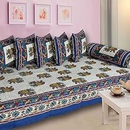AMLEXTTRIZ Special Animal Printed Pure & Soft Cotton Diwan Cover Set |8 Pcs Set - 5 Cushion Cover,2 Bolster Cover,1 Bedsheet (Blue)-image-5