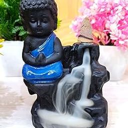 PICKARTME Polyresin Meditating Monk Buddha Smoke Backflow Cone Incense Holder Decorative Showpiece with 10 Free Smoke Backflow Scented Cone Incenses (Blue)-image-25