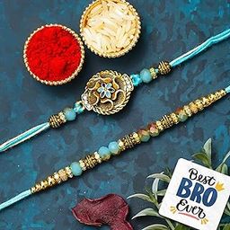 eCraftIndia Set of 2 Beads Floral Designer Rakhis | Best Bro Ever Fridge Magnet | Roli Chawal Pack | Rakhi for Brother Bhaiya Bhai Bhabhi Kids-image-13