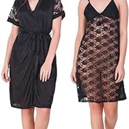 Women's 2 Pcs Satin Nightwear Set, Short Nighty with Robe (Free Size, Black)-46
