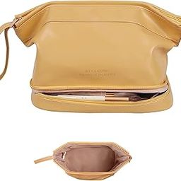 JIALTO® Travel Makeup Bag, Double Layer Cosmetic Bag, Large Zipper Pouch Makeup Organizer Bag, Waterproof Leather Makeup Bag, Portable Leather Toiletry Bag for Women and Girls (Brown-01)-image-87