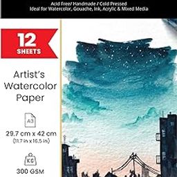 ARTIOS Artists' Watercolor Paper A3 300 GSM - 100% Cotton, Cold-Pressed, Acid-Free, Handmade Water Colour Papers for Watercolour, Acrylic, Gouache, Ink & Mixed Media, 12 Sheets-image-91