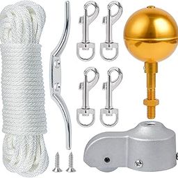Flag Pole Hardware Parts Repair Kits, 50 Feet Halyard Rope + 3" Gold Ball + 6" Zinc Alloy Cleat + 4 PCS Metal Hook Clips + Cast Aluminum Truck for 2" Diameter Flag Poles Top-image-67