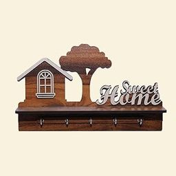 Key Holder for Home| Wooden Key Stand for Wall with 5 Hooks (MDF,Brown) MDF Wall Art with Keychain | Decorative Wall Organizer Entryway, Living Room Bonus Key Chain !! (Sweet Home Tree)-0