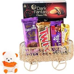 SFU E Com Metal Buggy Cart With Chocolates | Valentine Love Teddy Bear With Chocolate Combo | Valentine Chocolate Hamper | 606-10