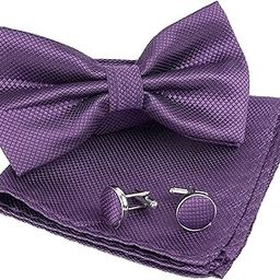 Men's Fashion Microfiber Butterfly Shape Bow Tie Set with Pocket Square & Cufflinks in Adjustable Size (Black)-image-68
